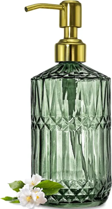 18 oz Green Diamond-Cut Glass Soap Dispenser with Gold Pump