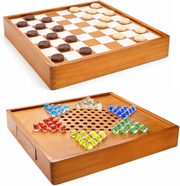 2-in-1 Wooden Chinese Checkers & Checkers Board with Marbles