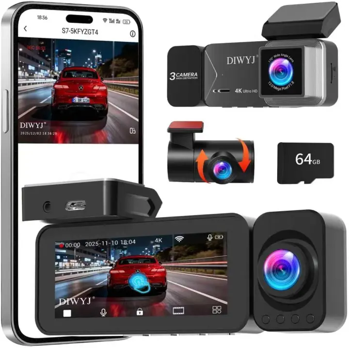 3-Channel Dash Cam — 4K Front, 2.5K Rear & Interior Recorder