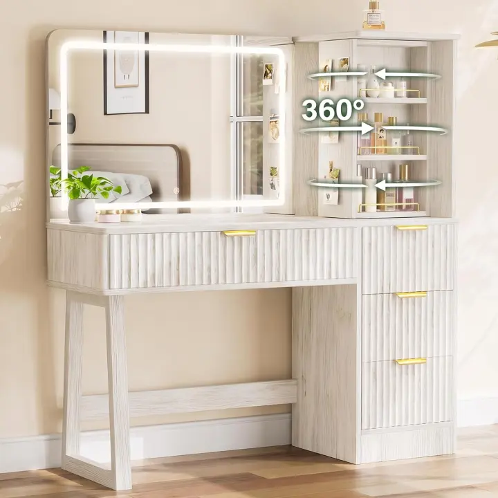 47-inch LED Makeup Vanity Desk — Retro White Dressing Table