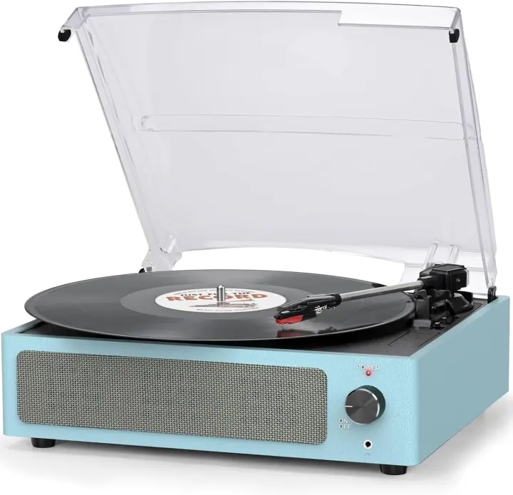 Blue Portable Vinyl Turntable with Built-In Speakers