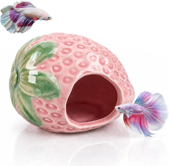 Ceramic Strawberry Aquarium Cave — Fish & Shrimp Hideaway