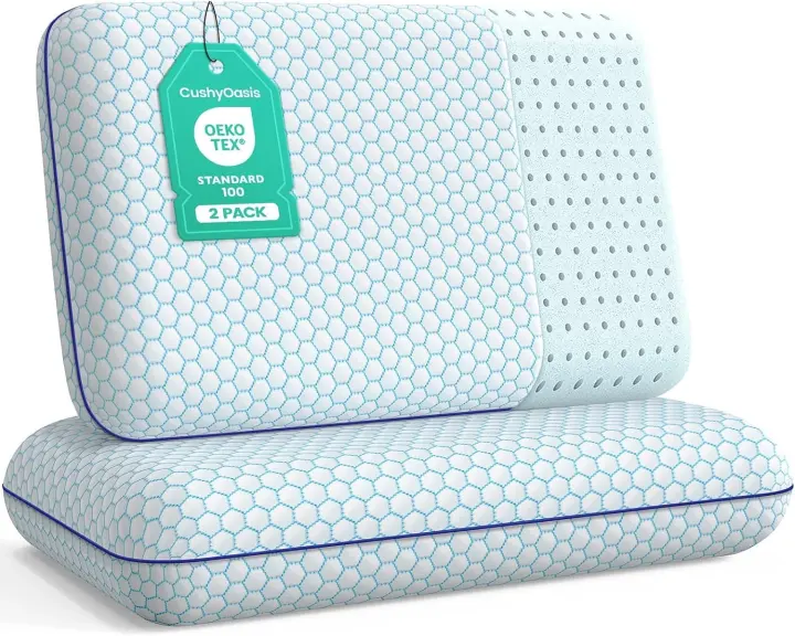 CushyOasis Memory Foam Sleep Pillows — Standard Twin Pack (Blue)