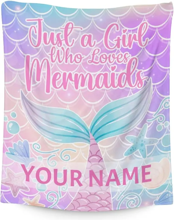Custom Mermaid Tail Flannel Blanket with Name — 50x60 Throw