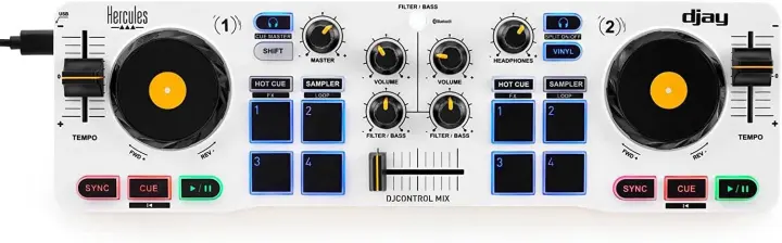 Hercules DJControl Mix — Bluetooth Portable DJ Controller (2-Deck, White)