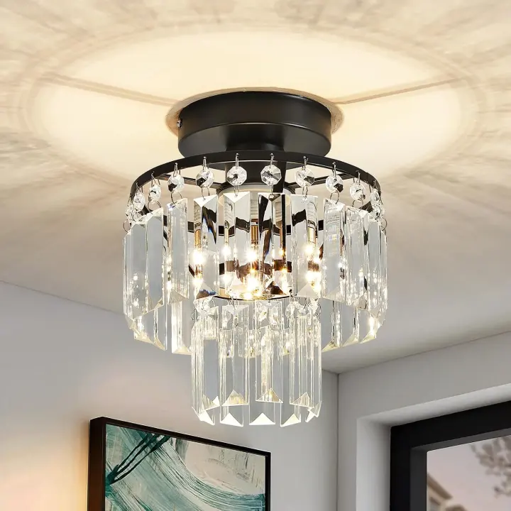 Mini Black 2-Tier Semi‑Flush Crystal Chandelier for Home