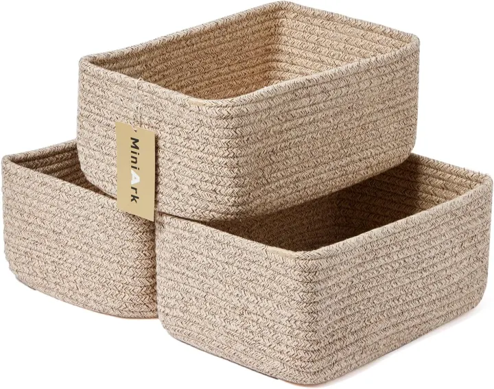 MiniArk Small Woven Cotton Storage Baskets — Set of 3 Rectangular Bins
