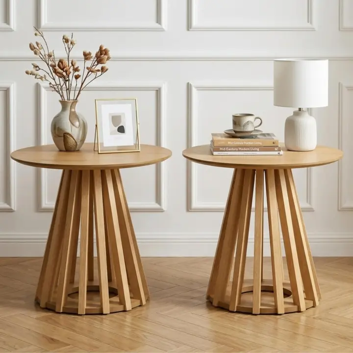 Natural Fluted Round Side Table Set of 2 — 19.7" End Tables