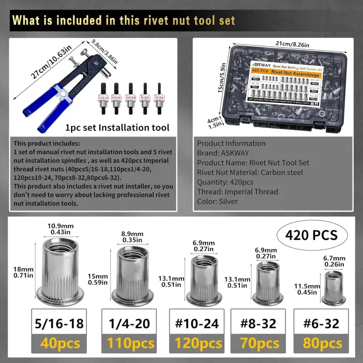 SAE Rivet Nut Tool Kit — 420pc Imperial Carbon Steel Set with Hand Tool