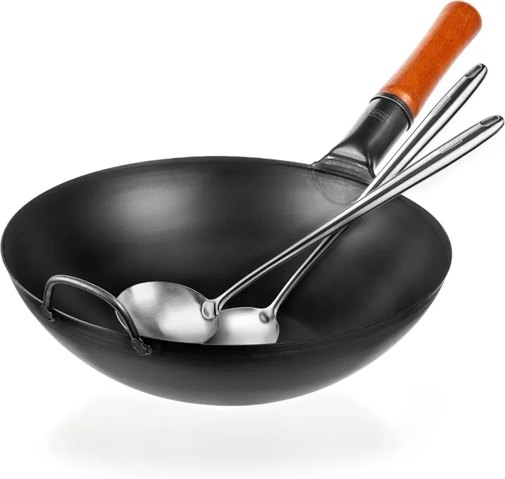 YOSUKATA Carbon Steel Wok Set with 13.5" Flat-Bottom Wok and 17" Tools